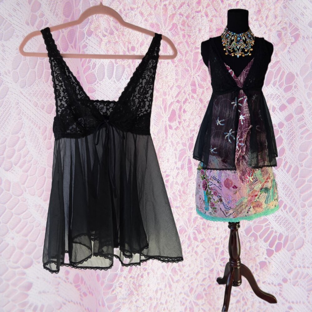 Vintage Black Lace & Mesh Vest Cami Baby Doll  Layering Top Romantic Ethereal
